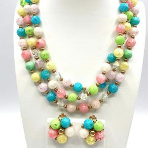 Vtg Signed KRAMER Pastel Plastic Bead Multi-Strand Necklace & Clip Earring Set